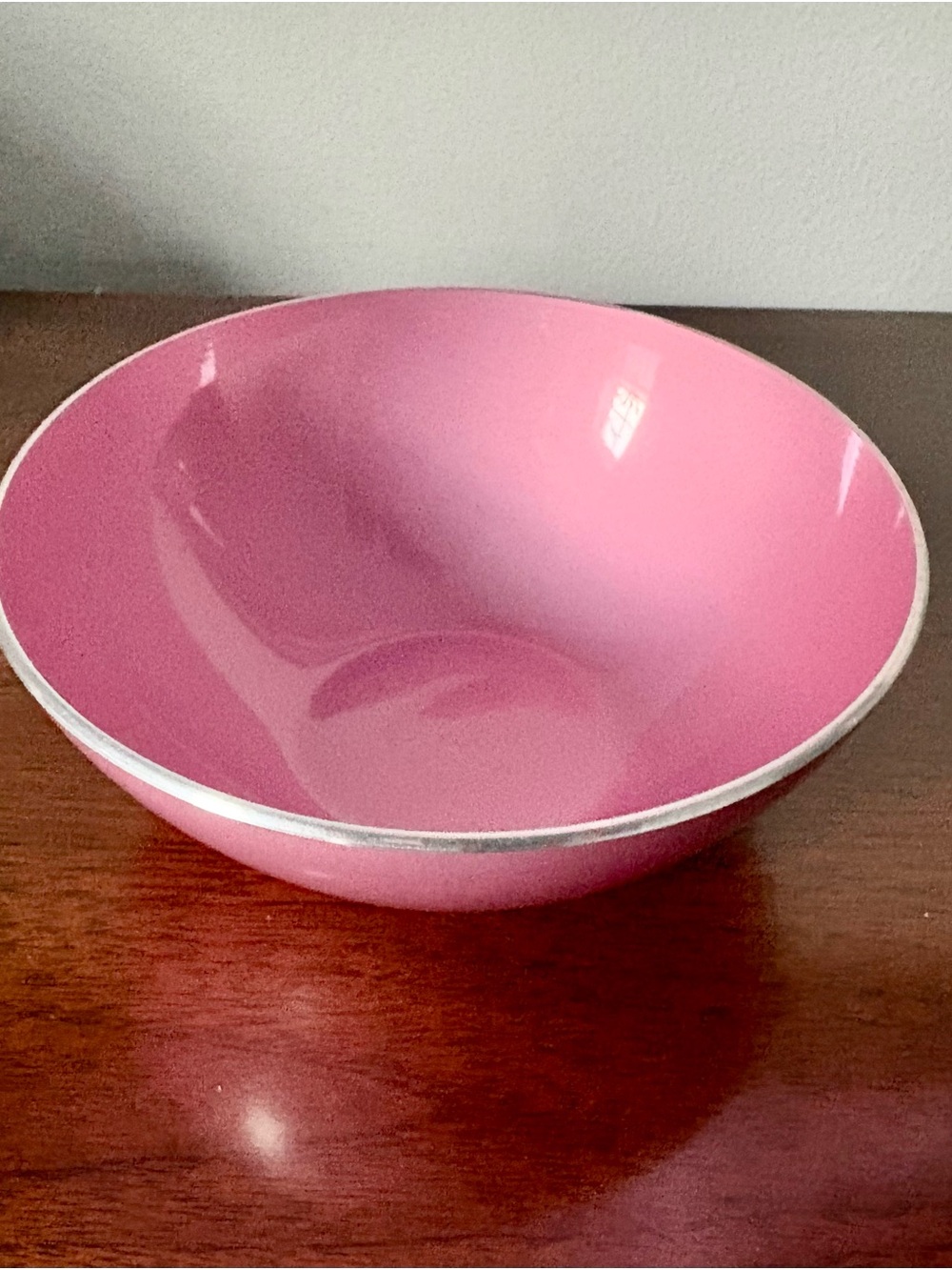 Emalox Norway  Pink Enamel Serving Bowl with Silver Rim